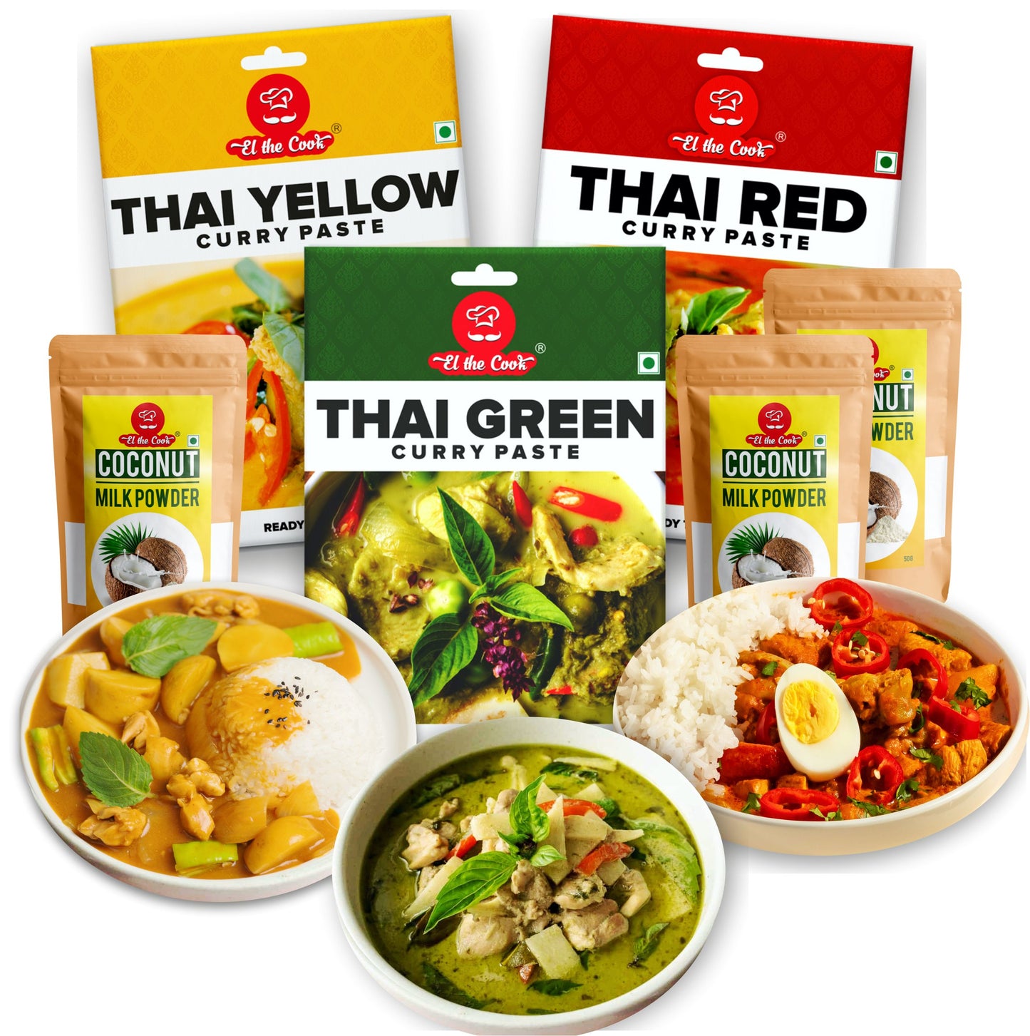 Thai Dhamaka Combo | Red, Yellow, Green Paste (50g x 3) + Coconut Milk Powder (50g x 3)